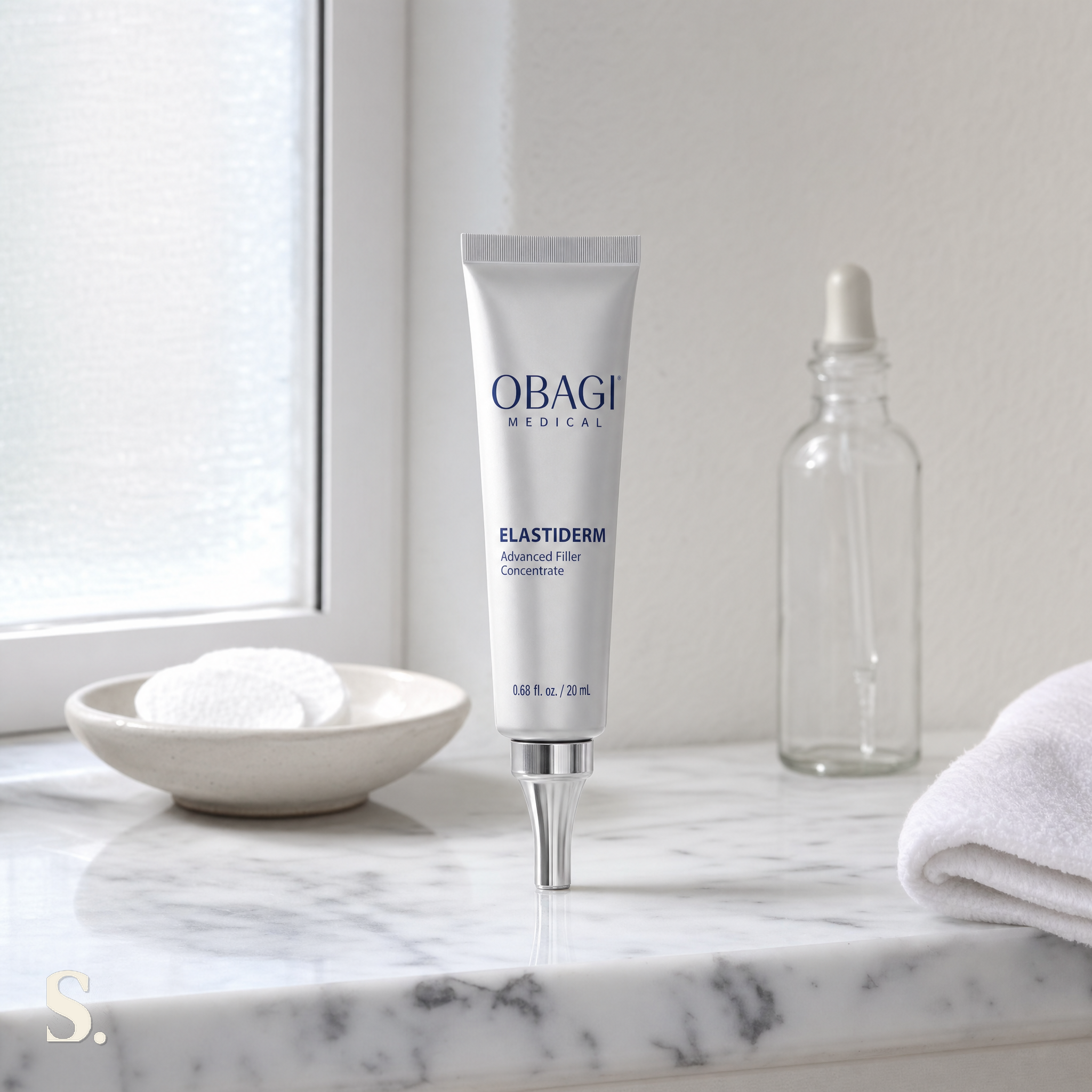 Obagi ELASTIderm Advanced Filler Concentrate in a lifestyle bathroom setting — Skintique review