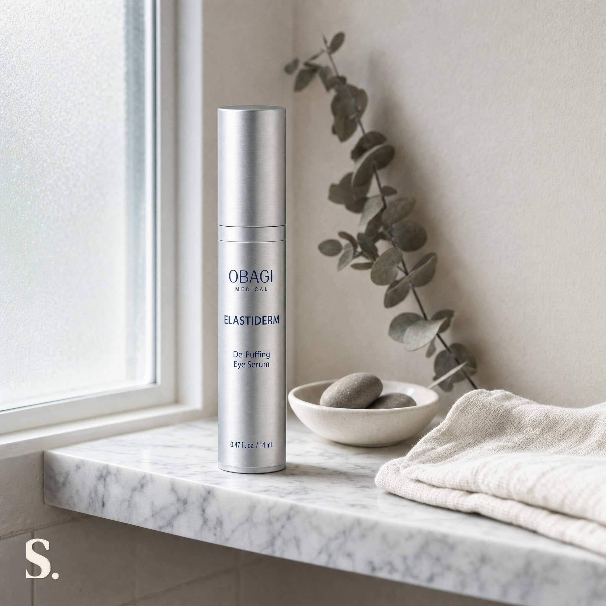 Obagi ELASTIderm Eye Complex Serum in a lifestyle bathroom setting — Skintique review