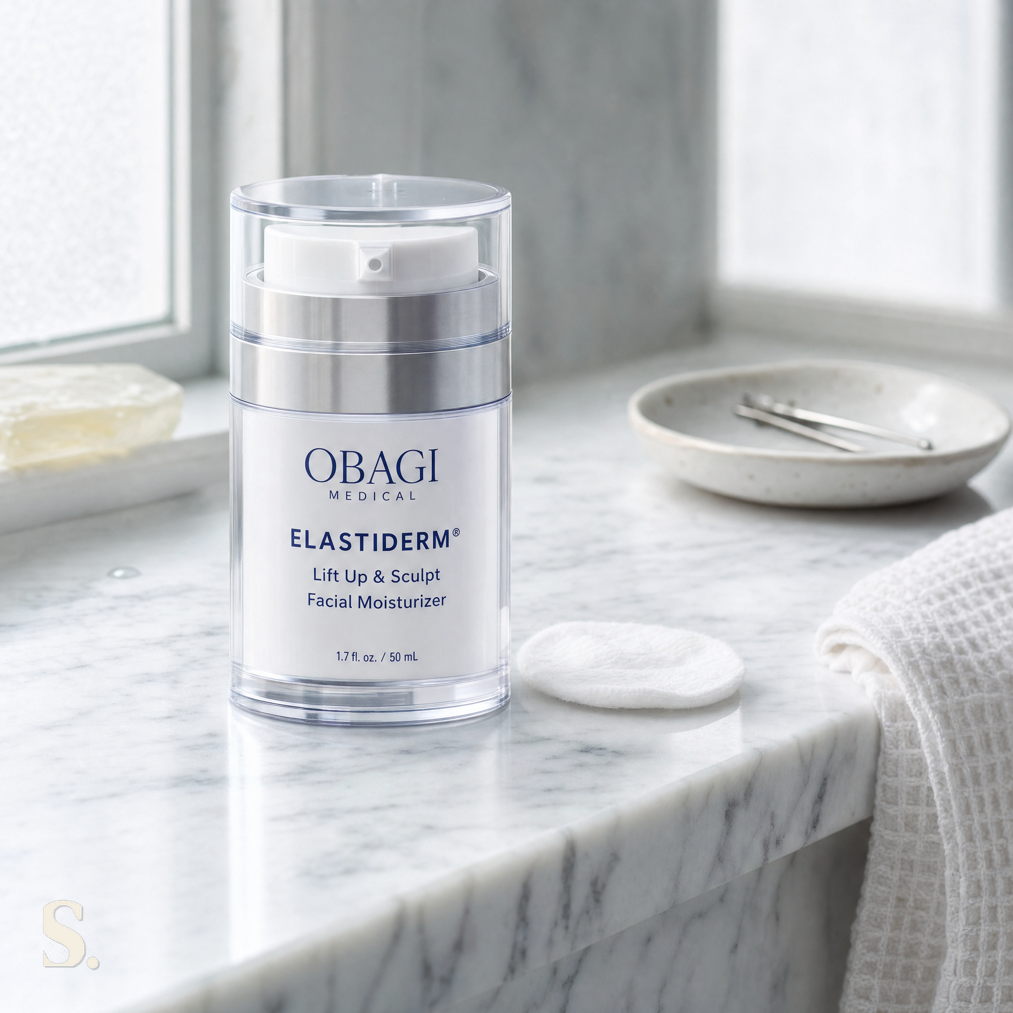 Obagi ELASTIderm Lift Up & Sculpt Moisturiser in a lifestyle bathroom setting — Skintique review