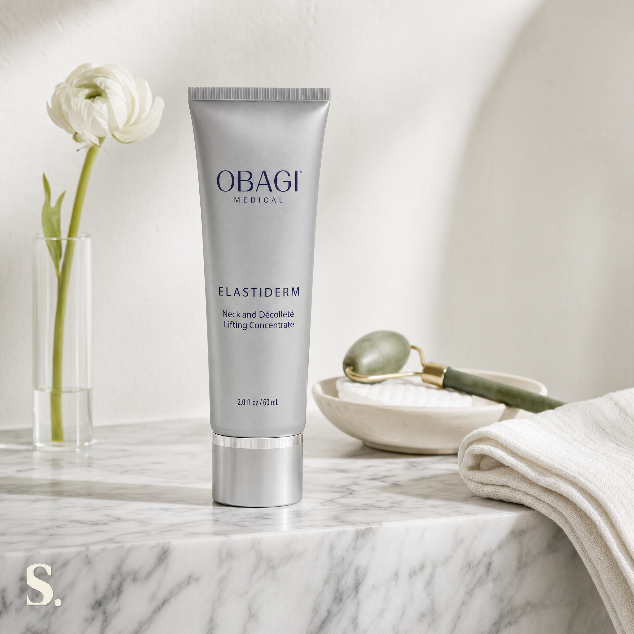 Obagi ELASTIderm Neck & Décolleté Concentrate in a lifestyle bathroom setting — Skintique review