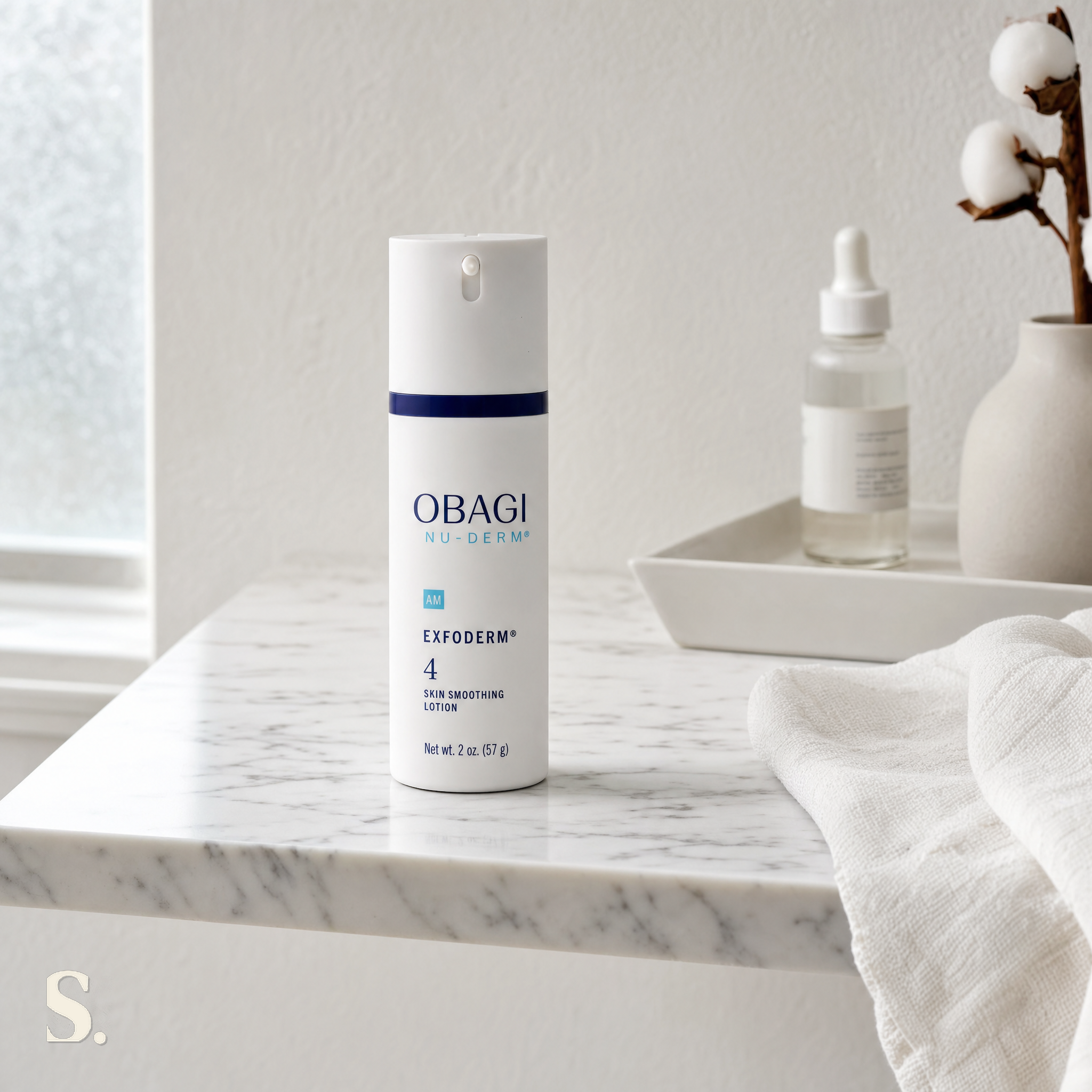 Obagi Nu-Derm Exfoderm in a lifestyle bathroom setting — Skintique review