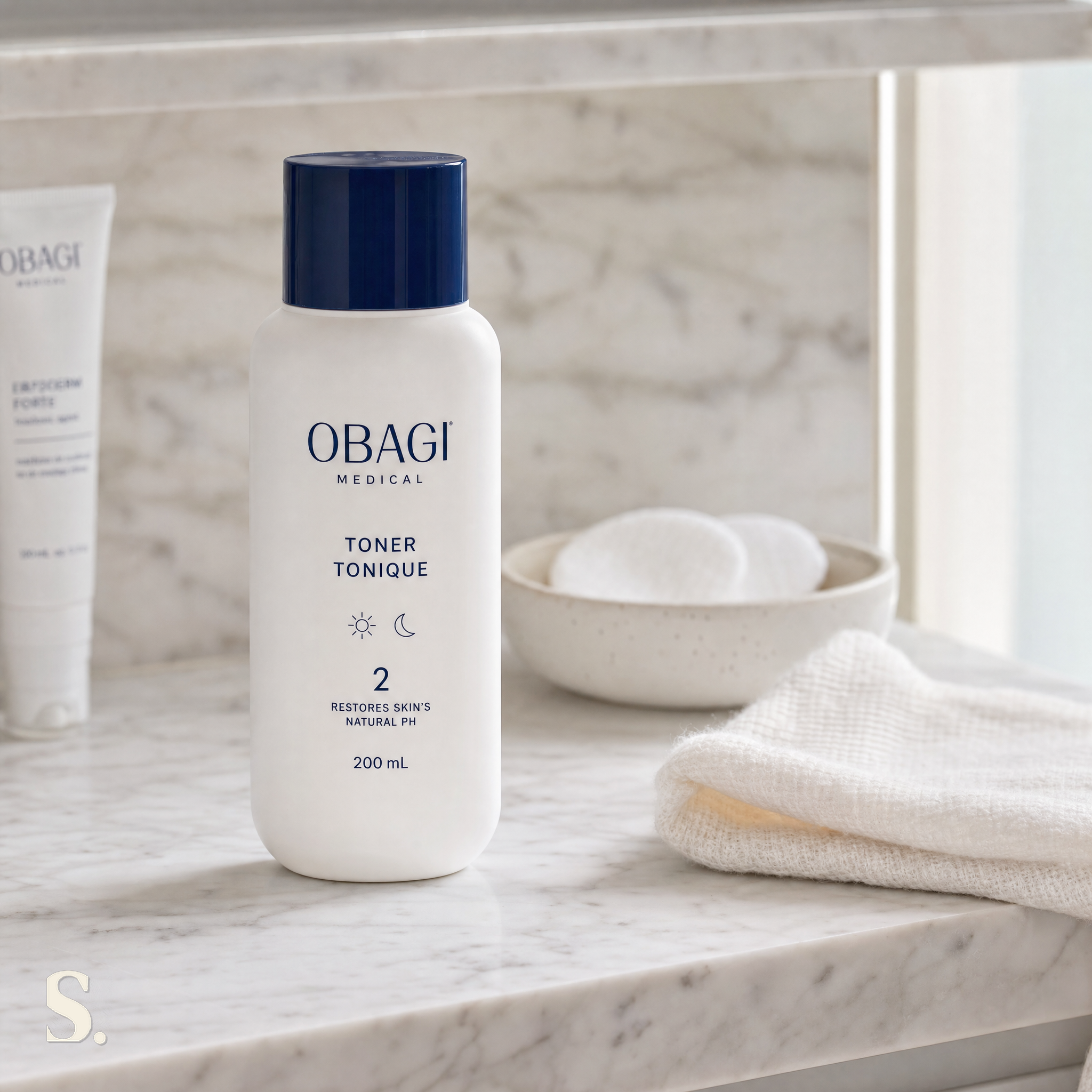 Obagi Nu-Derm Toner in a lifestyle bathroom setting — Skintique review