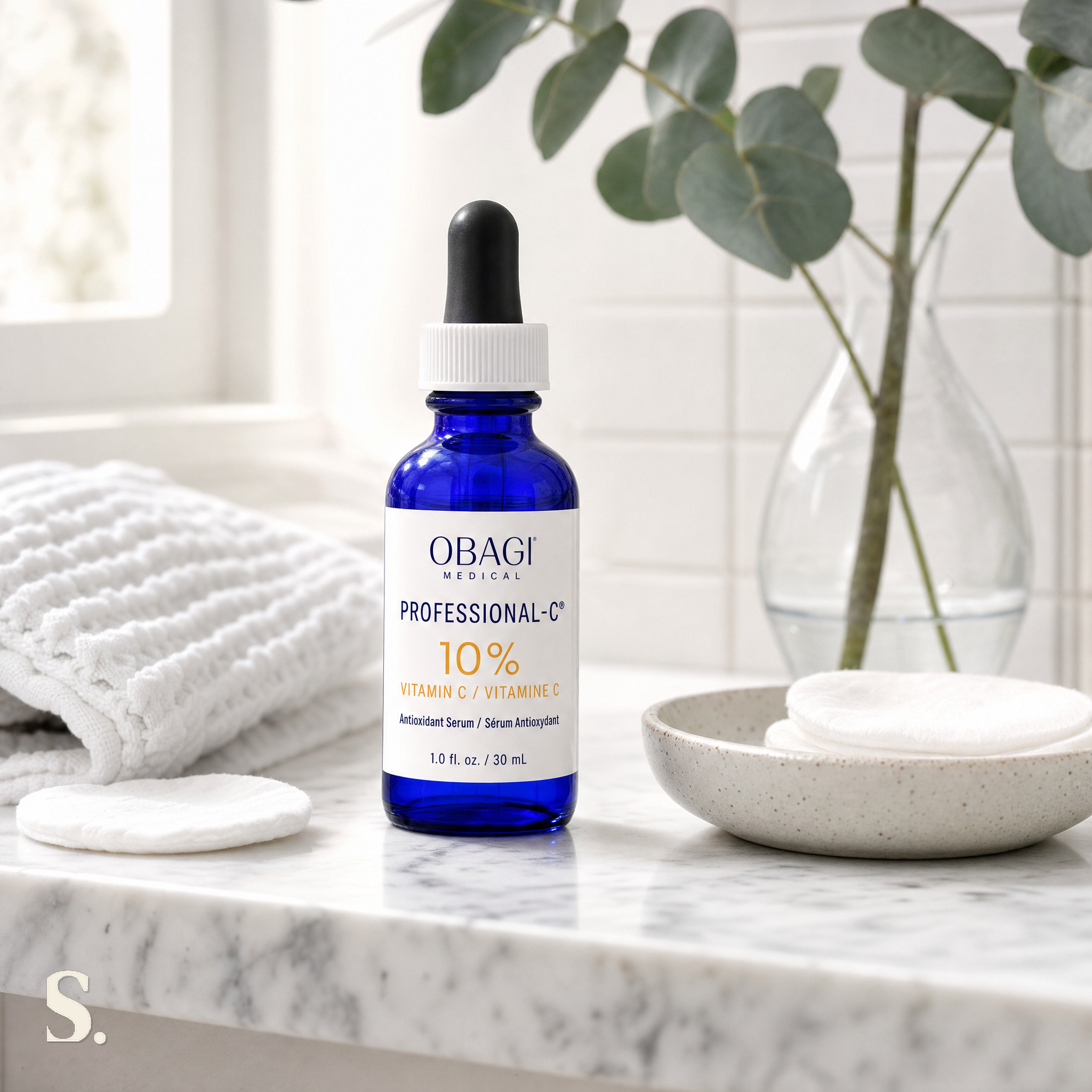 Obagi Professional-C® Serum 10% in a lifestyle bathroom setting — Skintique review