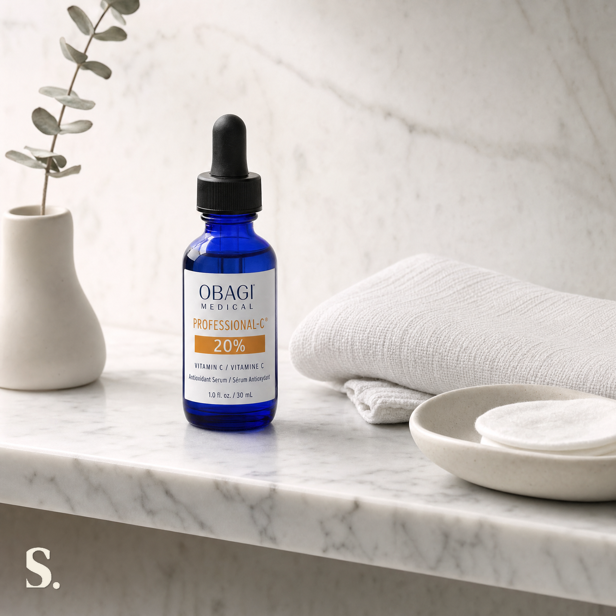 Obagi Professional-C Serum 20% in a lifestyle bathroom setting — Skintique review