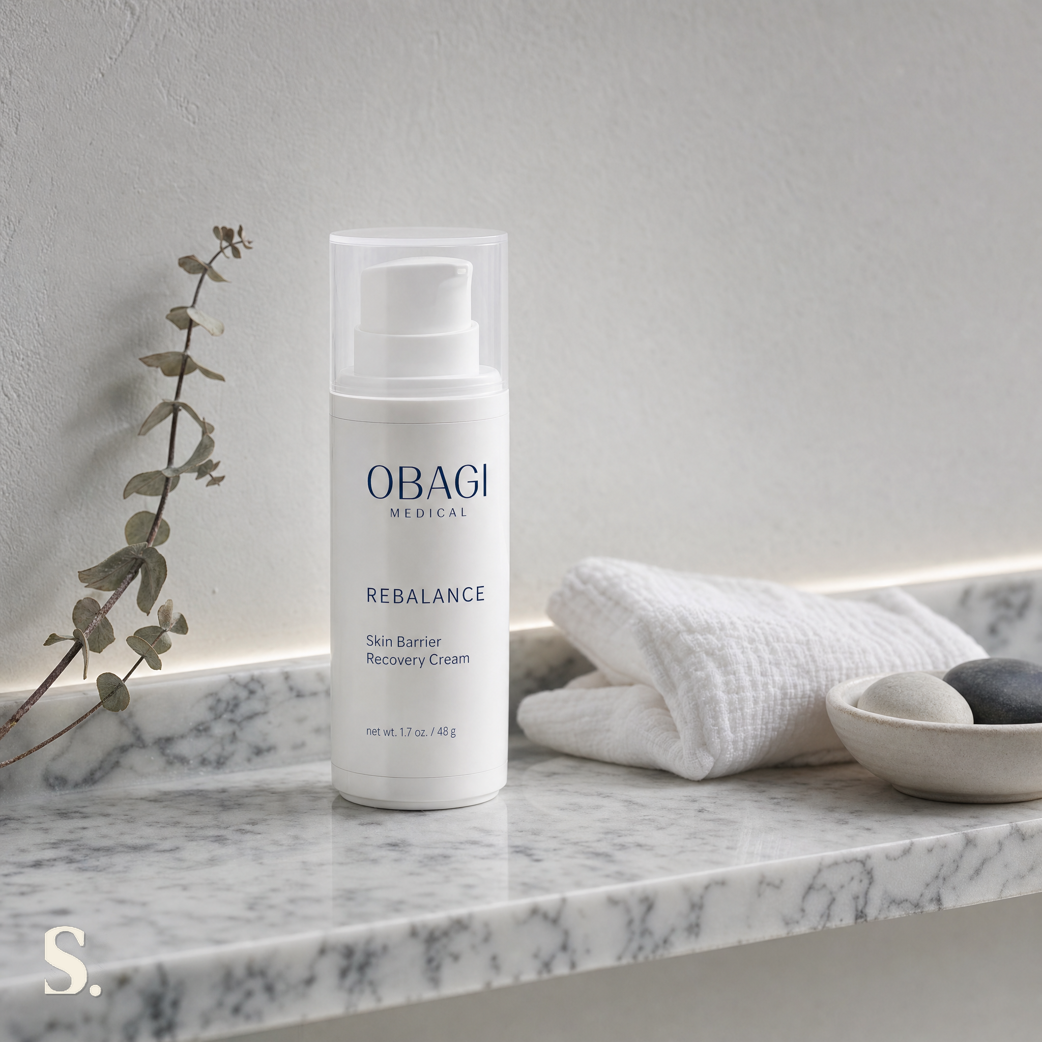 Obagi Rebalance Skin Barrier Cream Review in a lifestyle bathroom setting — Skintique review