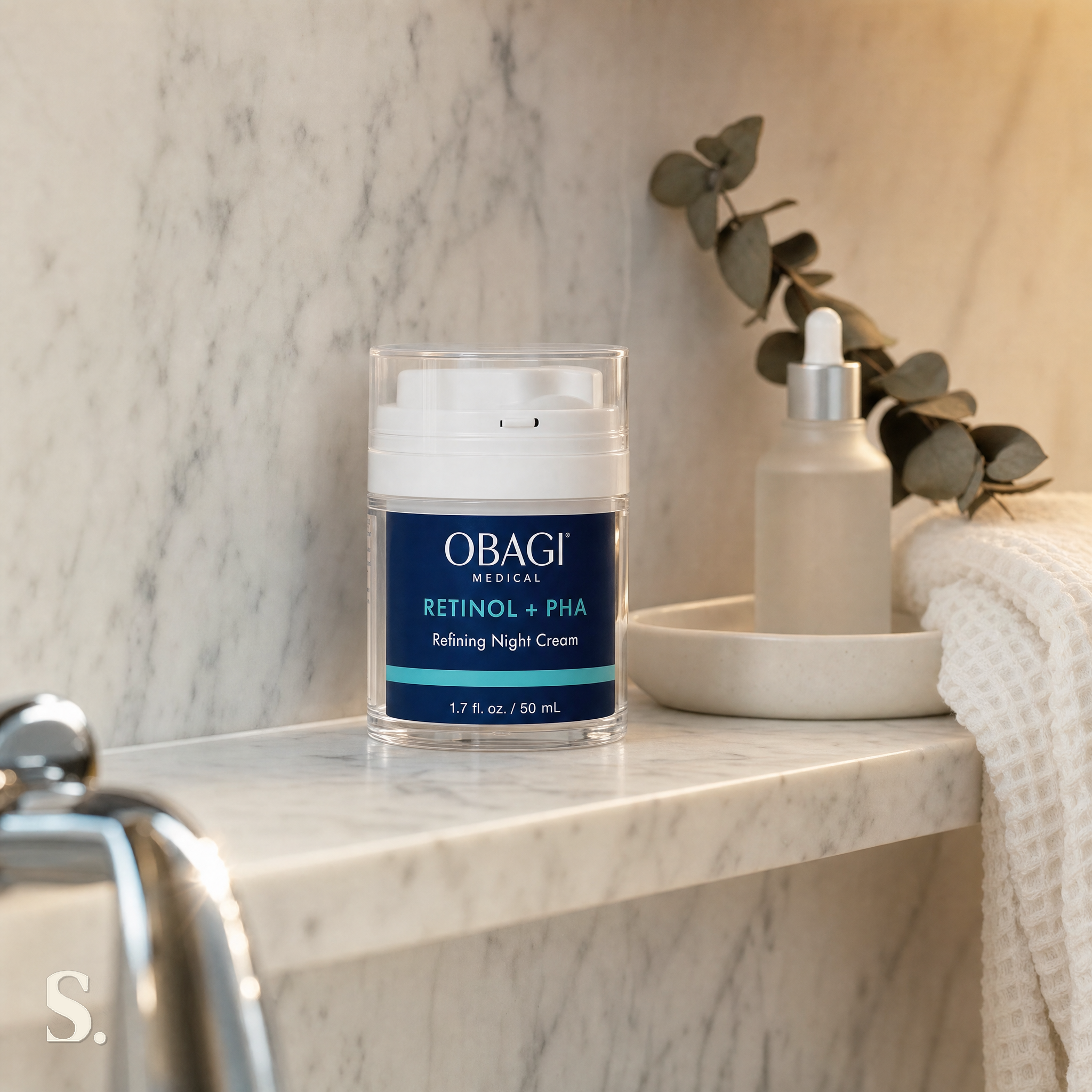Obagi Retinol + PHA Refining Night Cream in a lifestyle bathroom setting — Skintique review