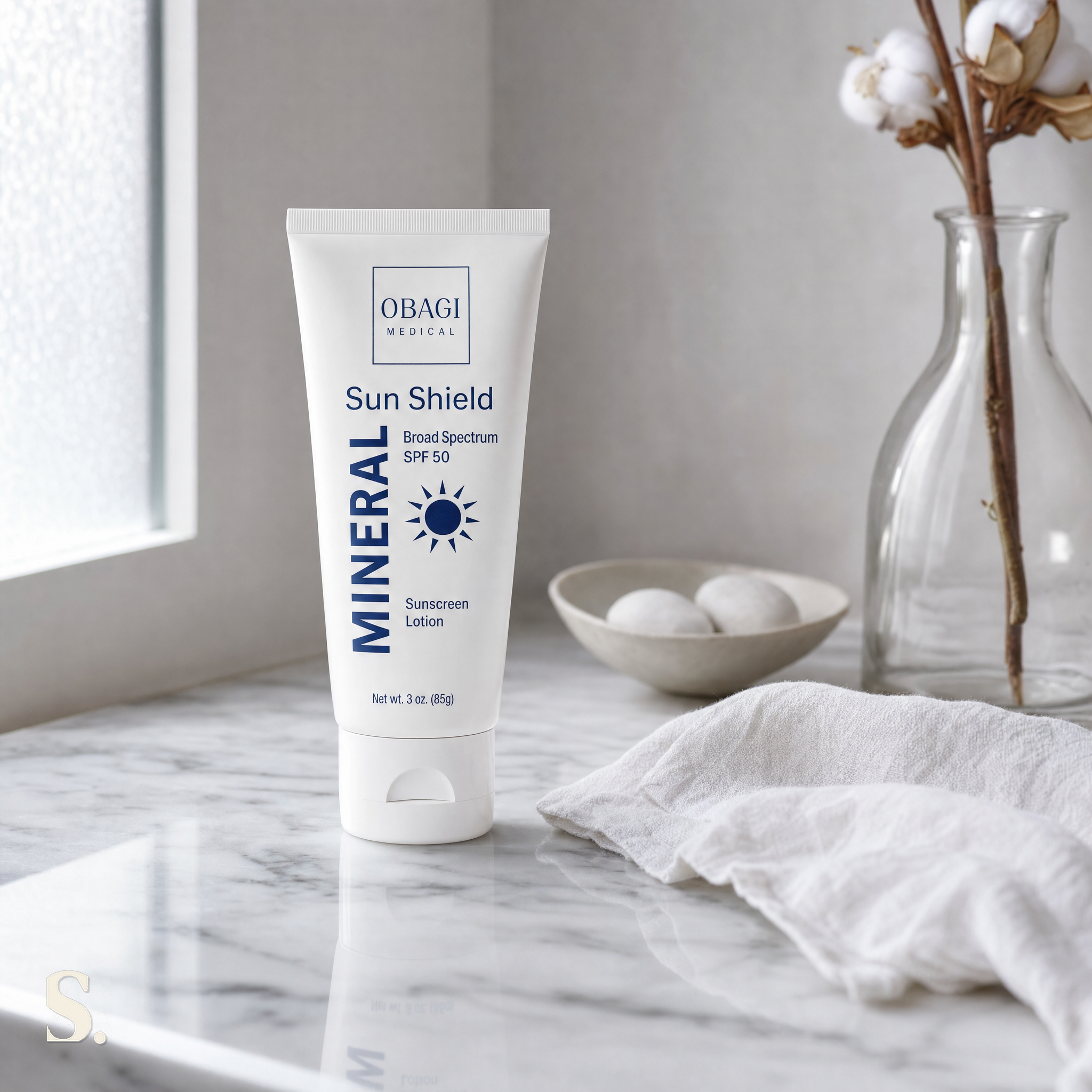 Obagi Sun Shield Mineral Broad Spectrum SPF50 in a lifestyle bathroom setting — Skintique review
