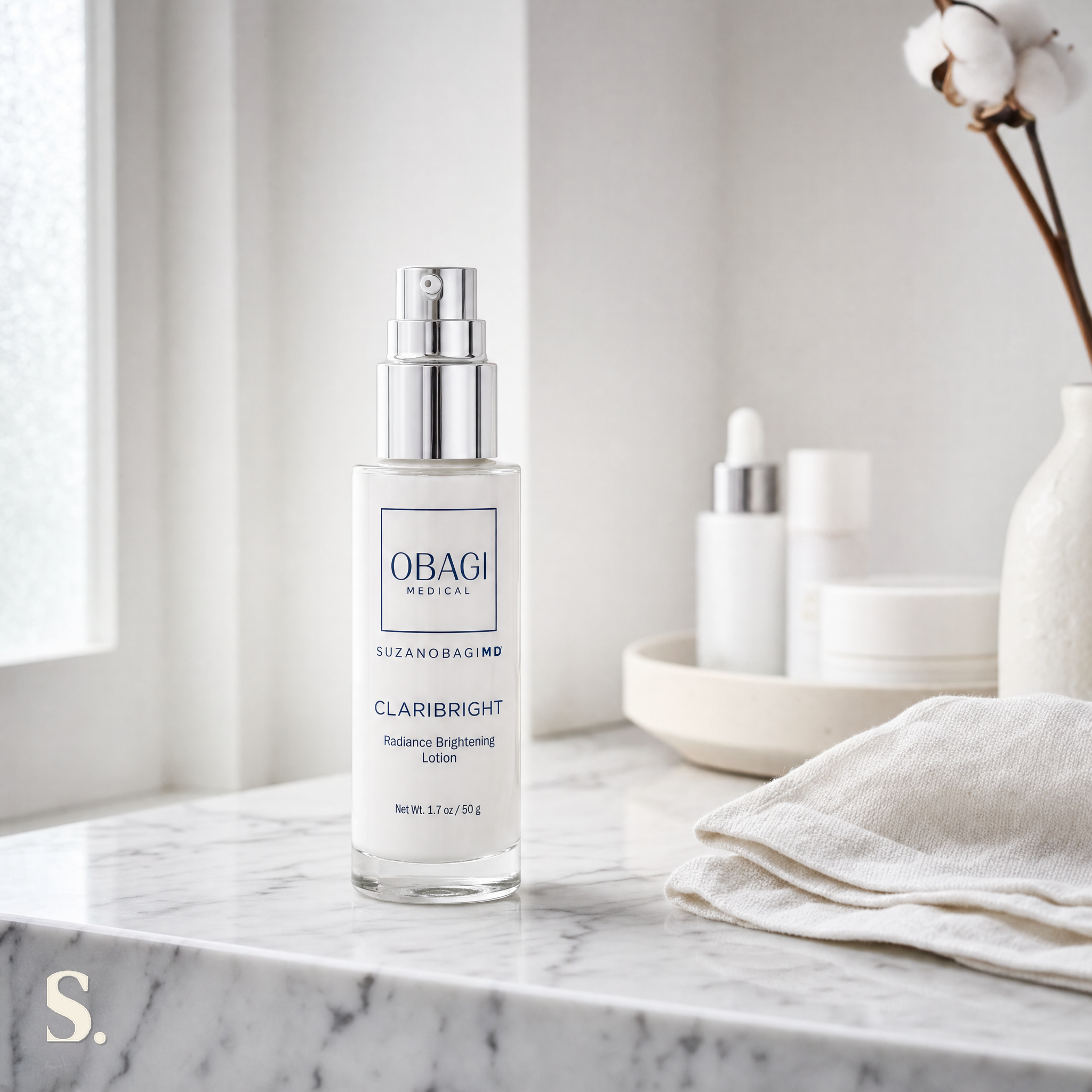 SUZANObagiMD Claribright in a lifestyle bathroom setting — Skintique review