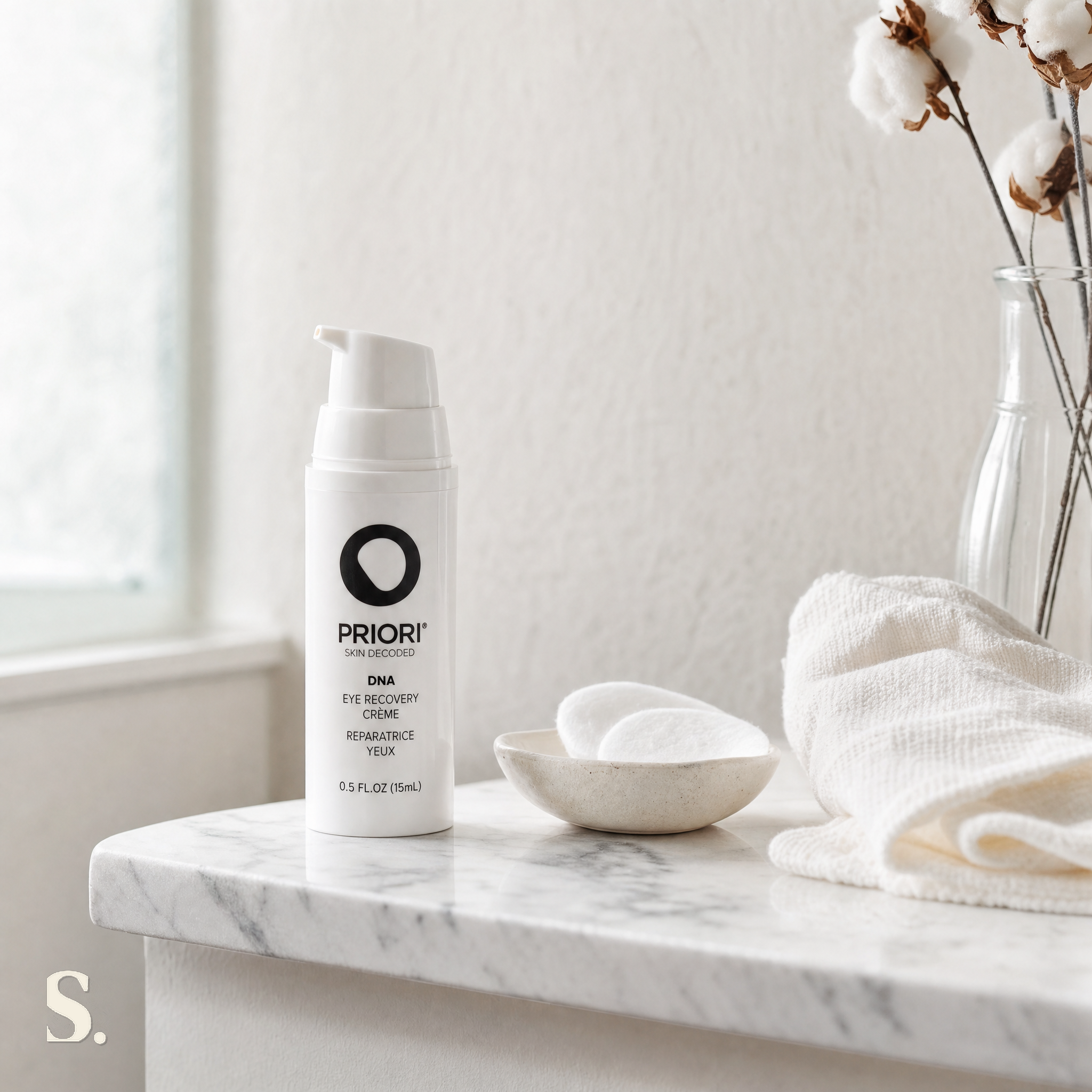 Priori DNA Eye Recovery Crème in a lifestyle bathroom setting — Skintique review