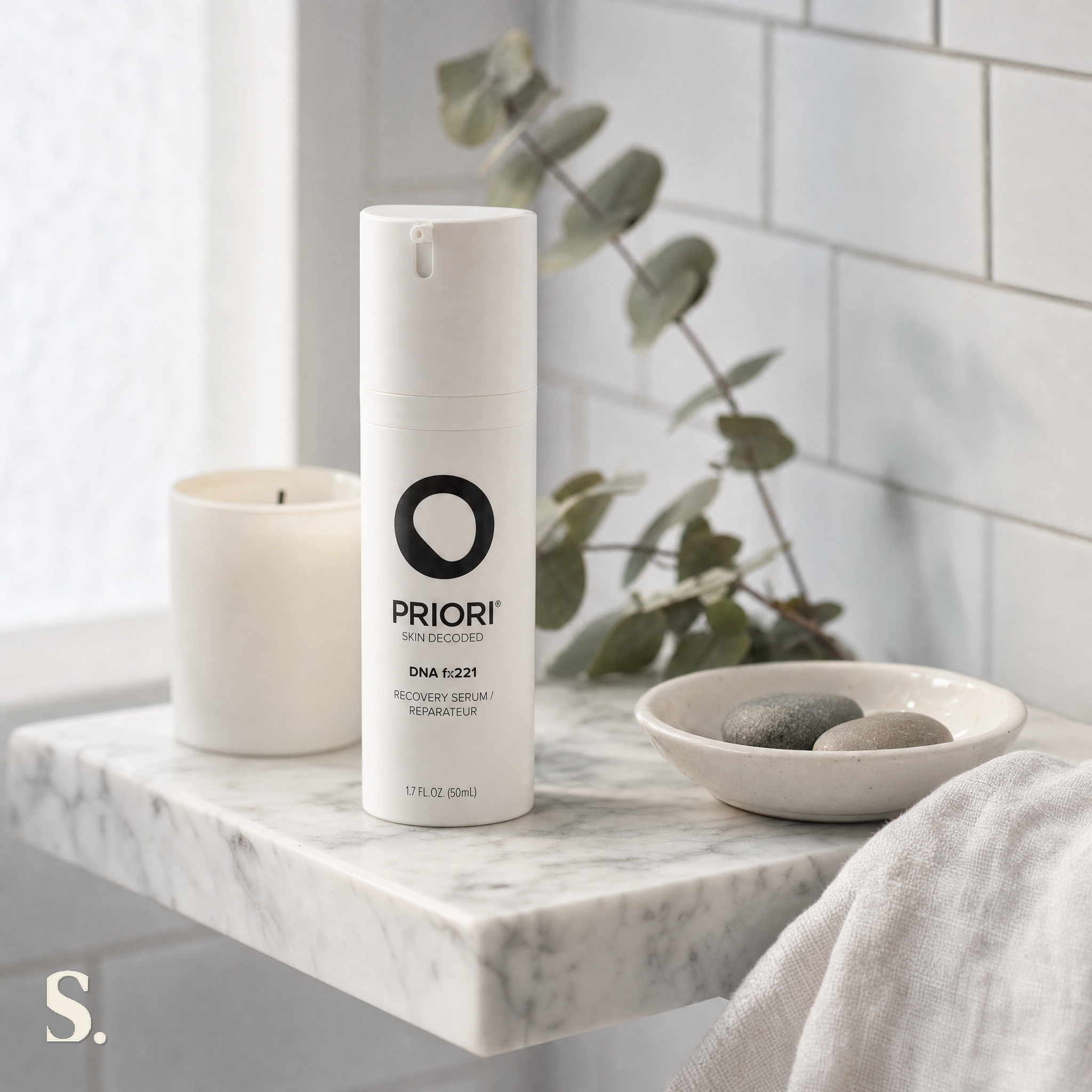 Priori DNA fx221 Recovery Serum in a lifestyle bathroom setting — Skintique review