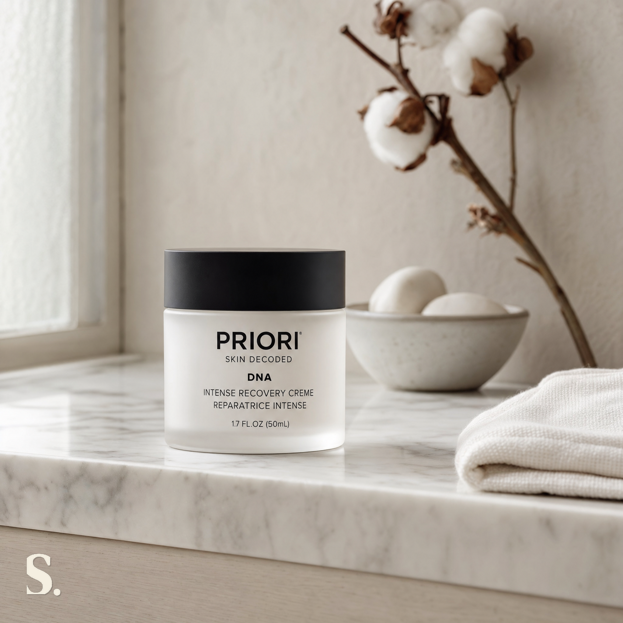 Priori DNA Intense Recovery Crème in a lifestyle bathroom setting — Skintique review