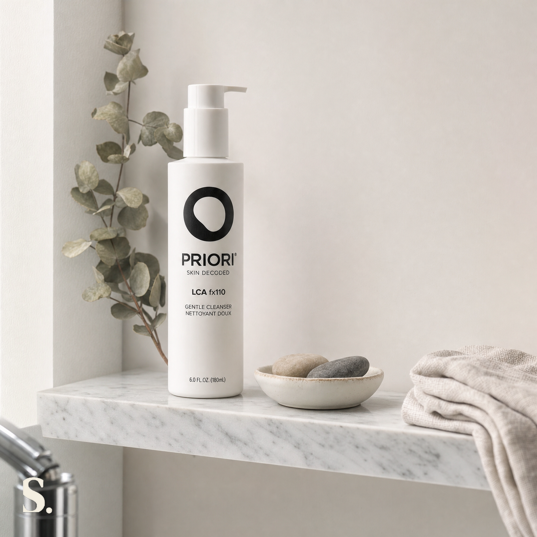 Priori LCA fx110 Gentle Cleanser in a lifestyle bathroom setting — Skintique review