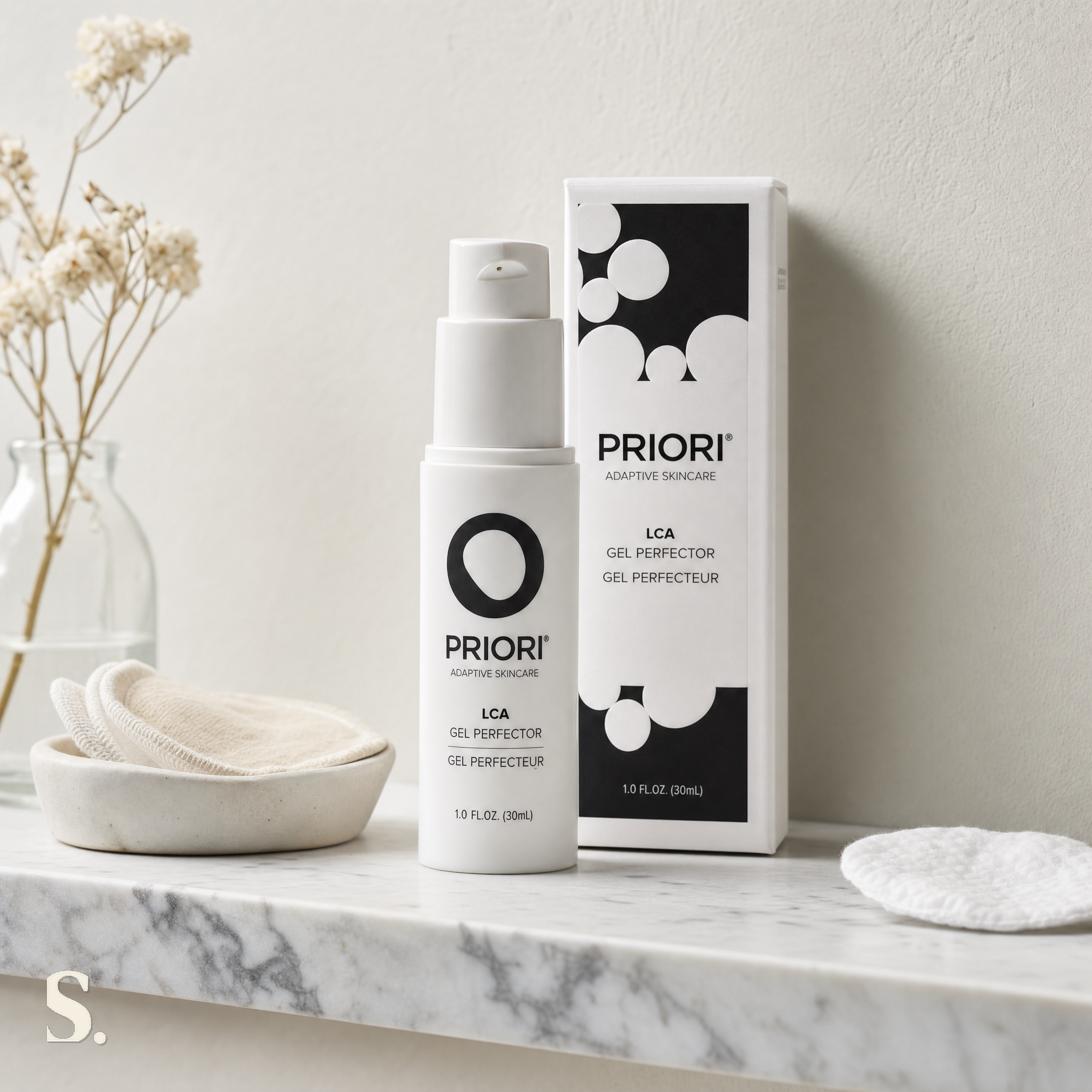 Priori LCA fx120 Gel Perfector in a lifestyle bathroom setting — Skintique review