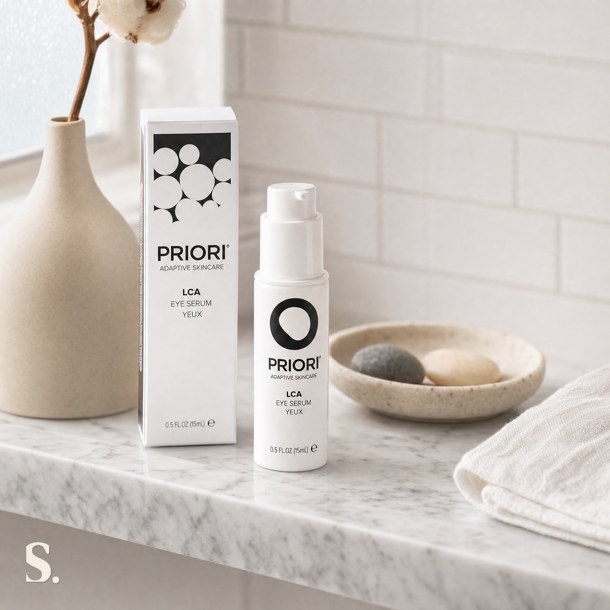 Priori LCA fx130 Eye Serum in a lifestyle bathroom setting — Skintique review