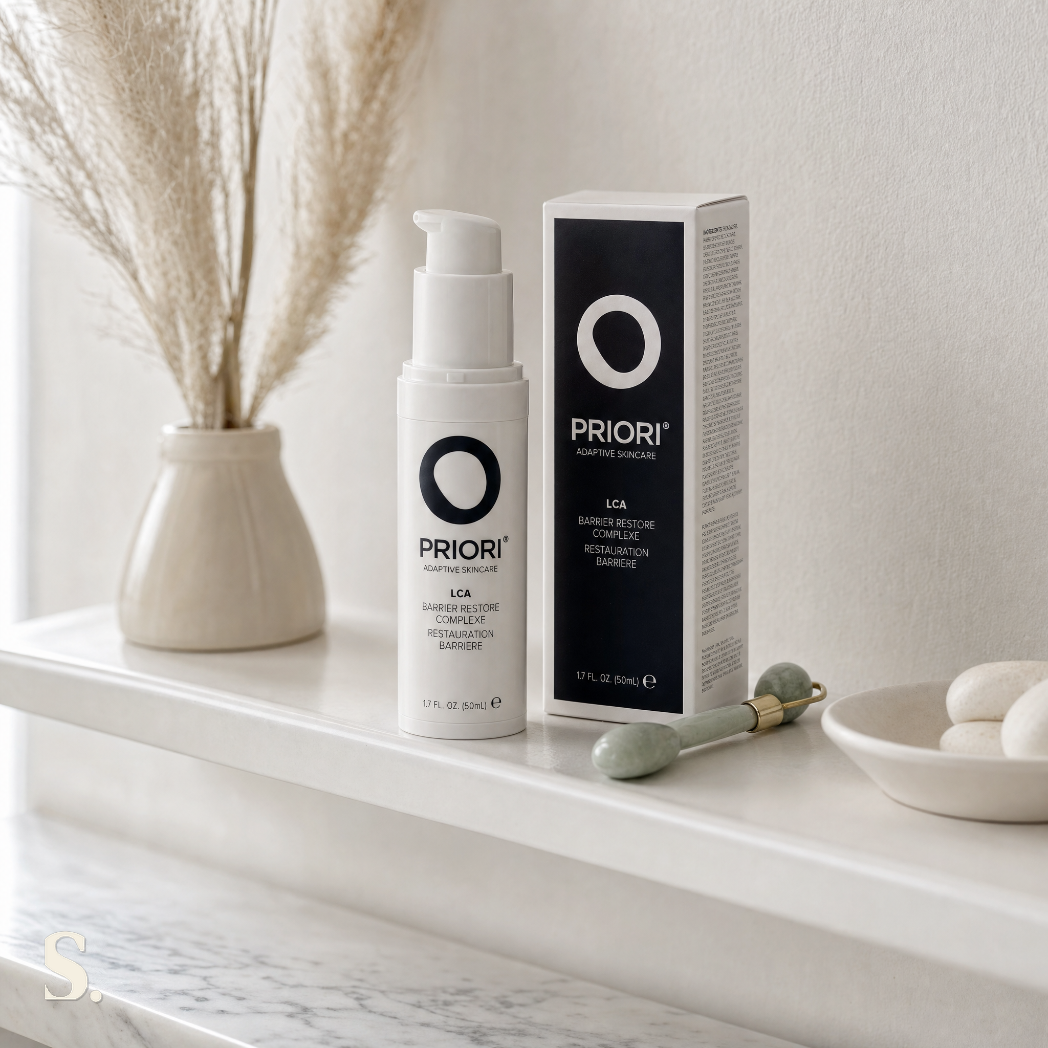 Priori LCA fx140 Barrier Restore Complexe in a lifestyle bathroom setting — Skintique review