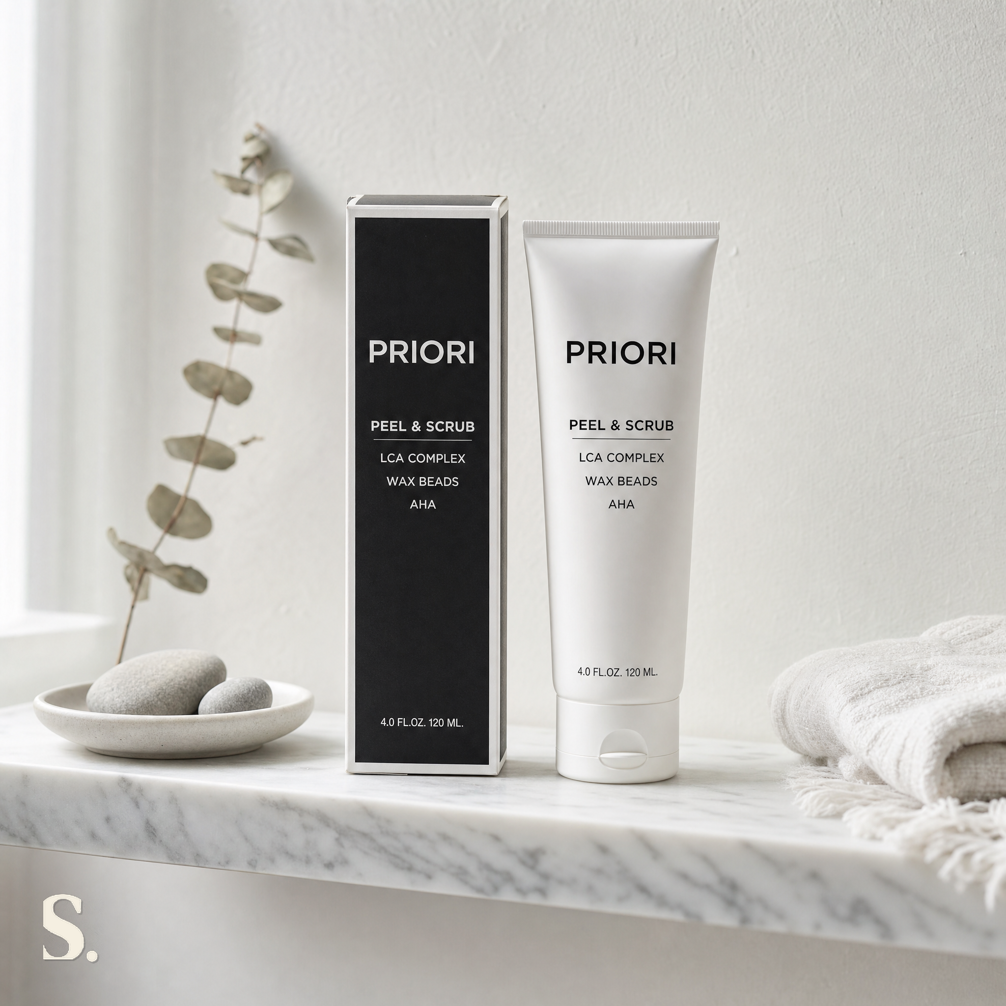 Priori LCA 2xFoliant Peel + Scrub in a lifestyle bathroom setting — Skintique review
