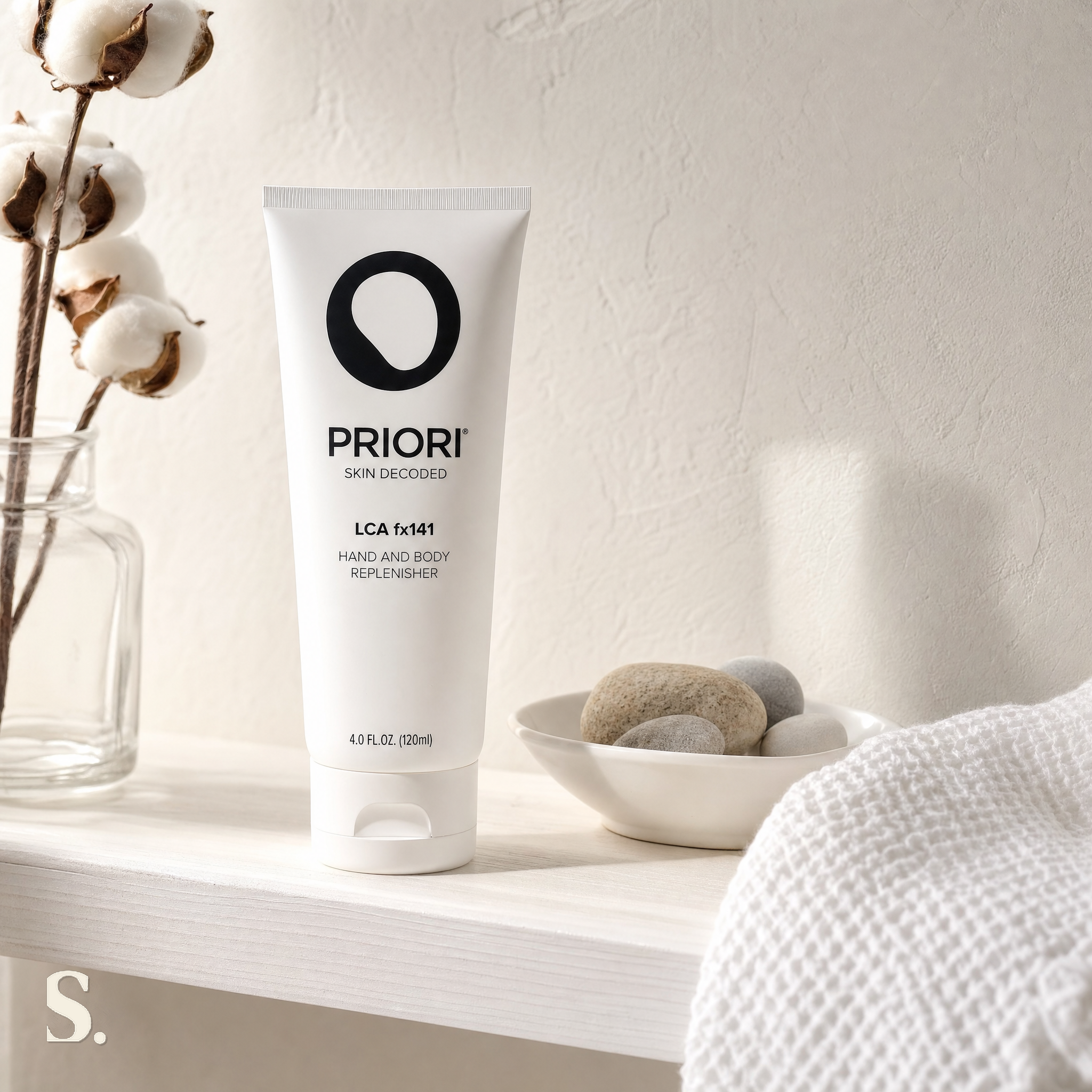 Priori LCA fx141 Hand & Body Replenisher in a lifestyle bathroom setting — Skintique review