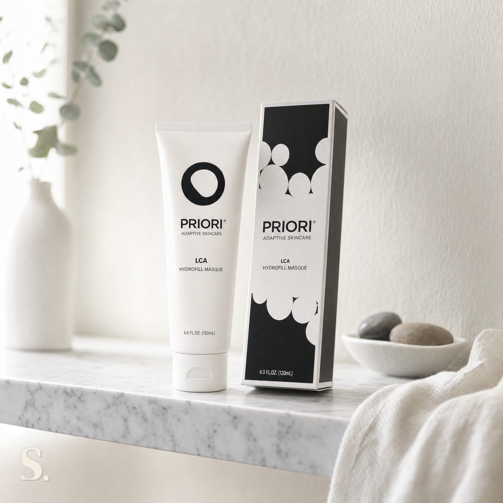 Priori LCA fx161 Hydrofill Masque in a lifestyle bathroom setting — Skintique review