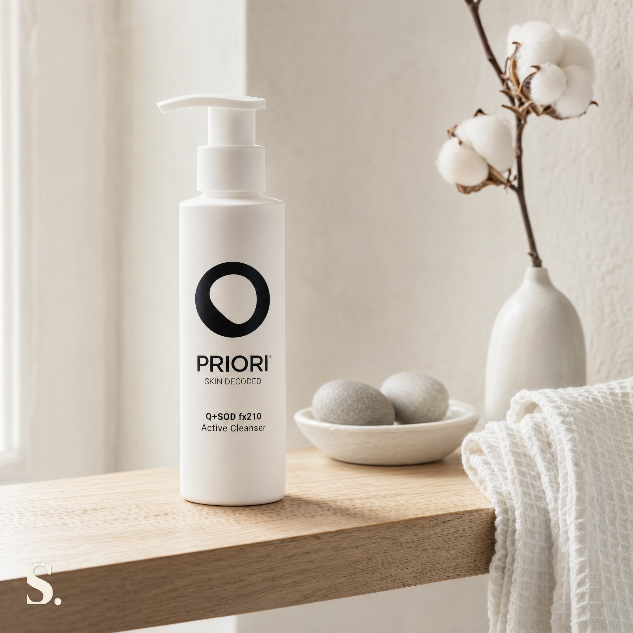 Priori Q+SOD fx210 Active Cleanser in a lifestyle bathroom setting — Skintique review