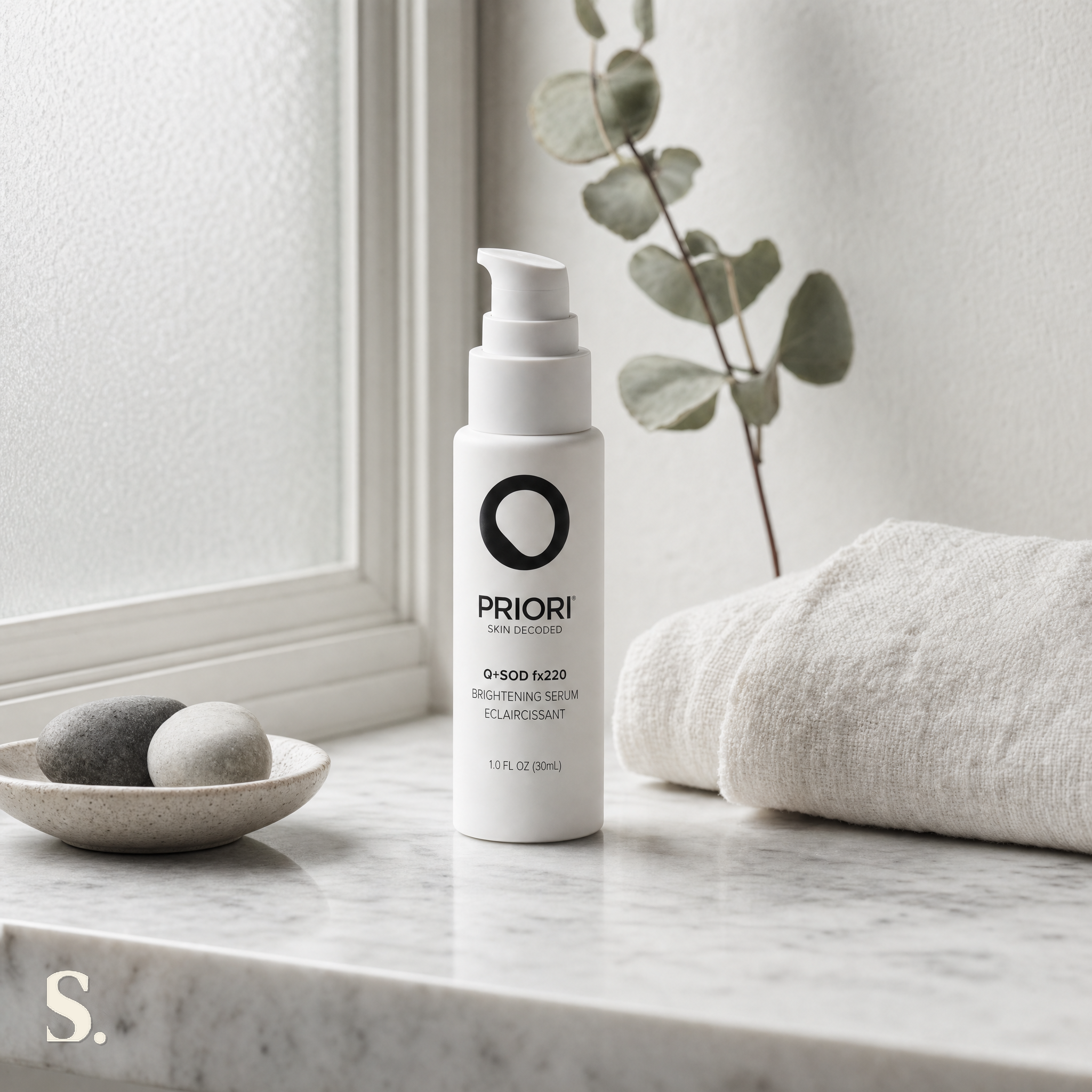 Priori Q+SOD fx220 Brightening Serum in a lifestyle bathroom setting — Skintique review