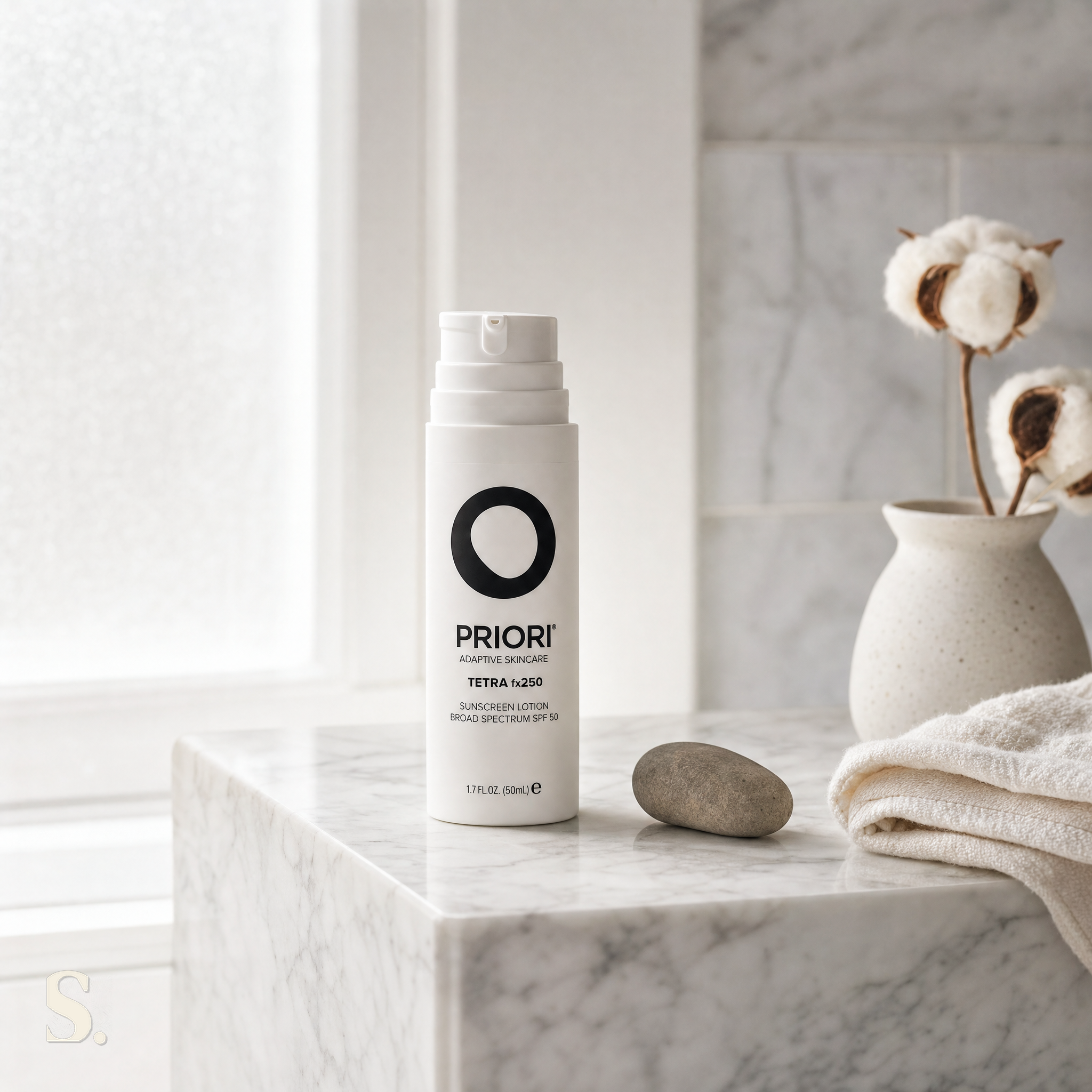 Priori TETRA fx250 SPF 50 in a lifestyle bathroom setting — Skintique review
