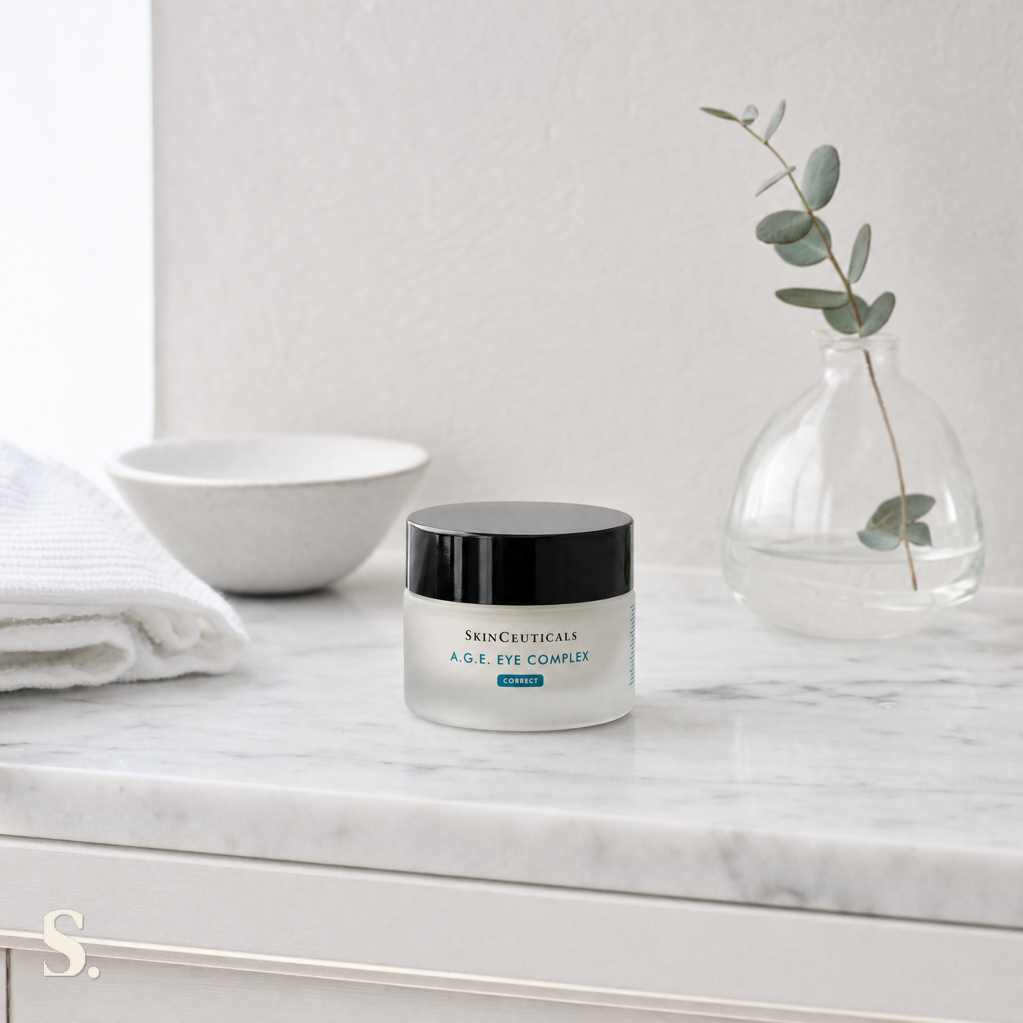 SkinCeuticals A.G.E Advanced Eye in a lifestyle bathroom setting — Skintique review