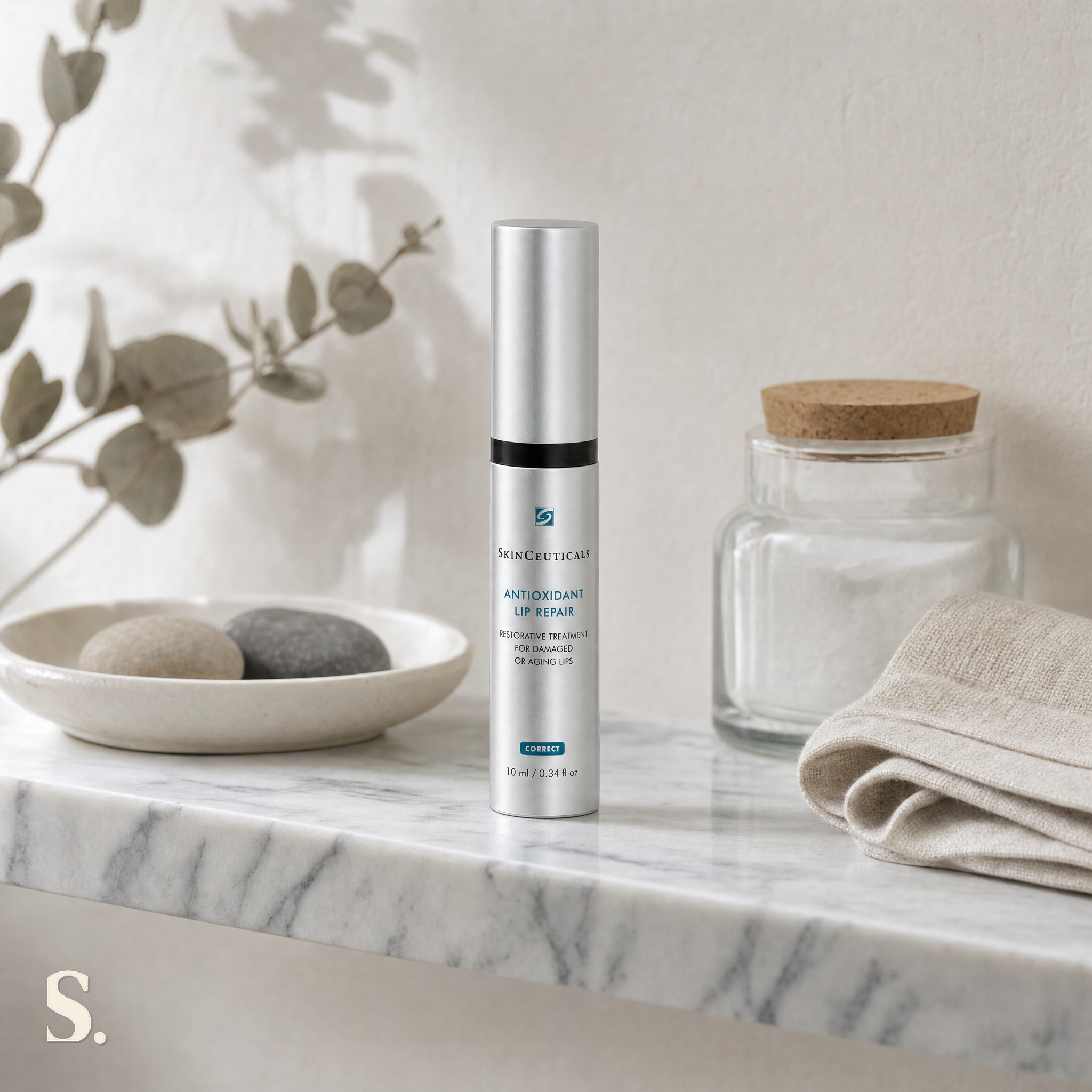 SkinCeuticals Antioxidant Lip Repair in a lifestyle bathroom setting — Skintique review