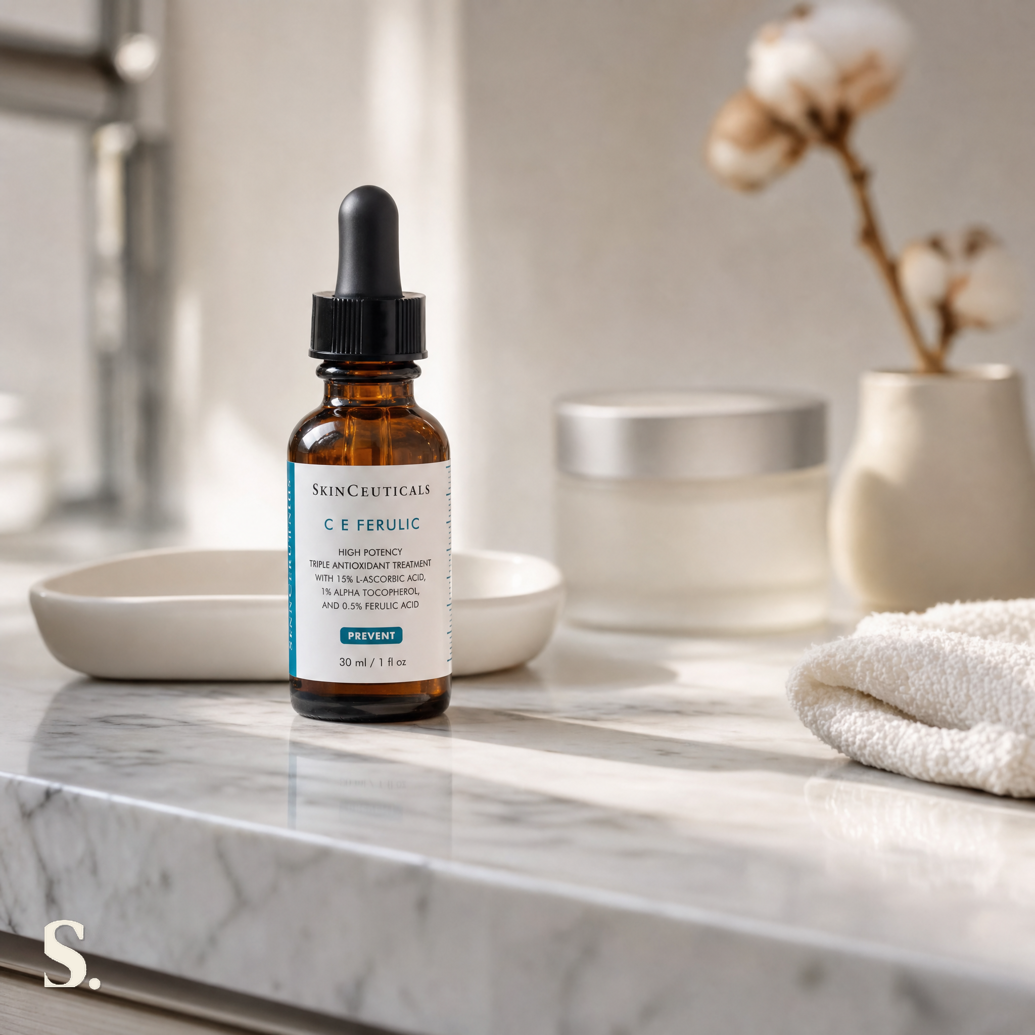 SkinCeuticals C E Ferulic in a lifestyle bathroom setting — Skintique review