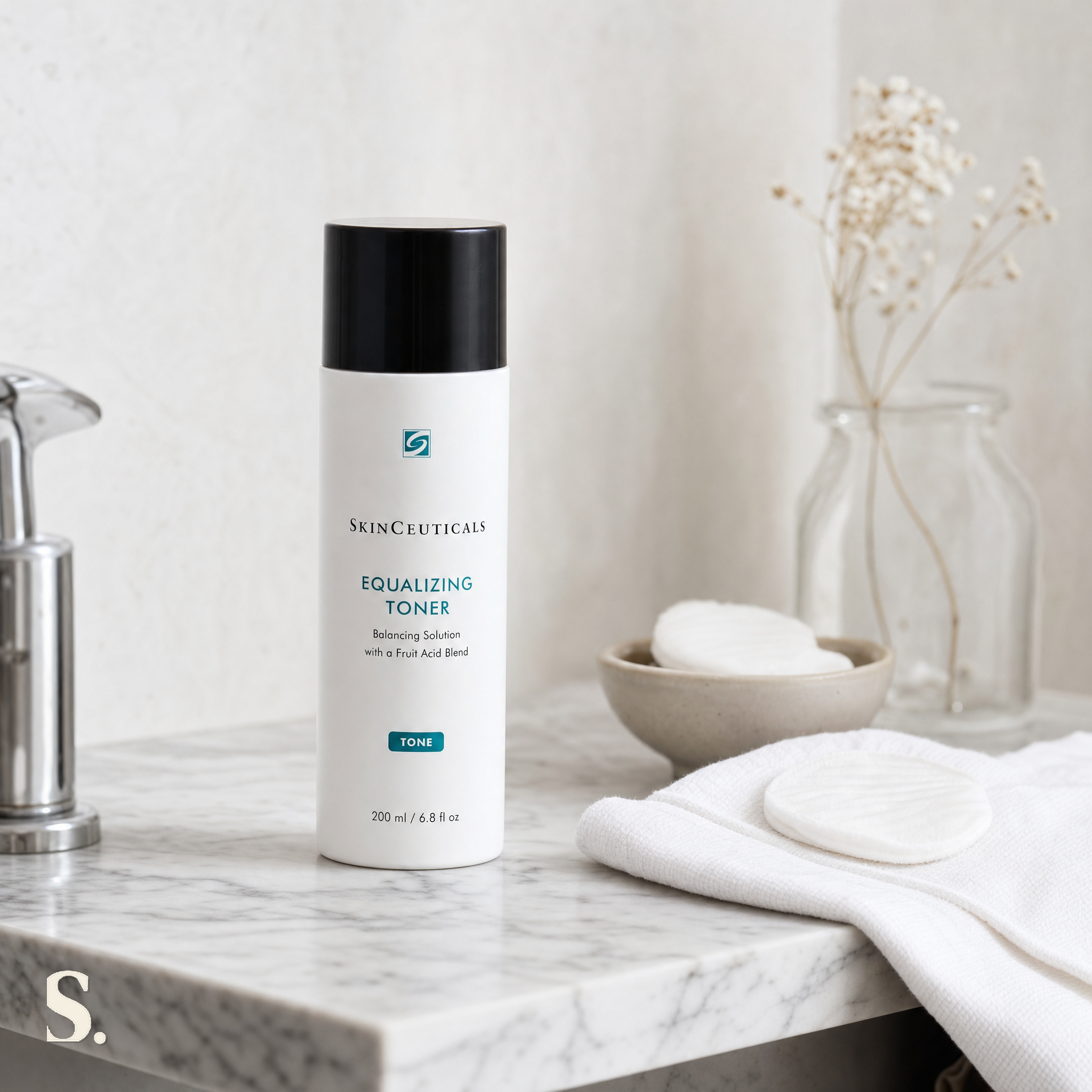 SkinCeuticals Equalizing Toner in a lifestyle bathroom setting — Skintique review