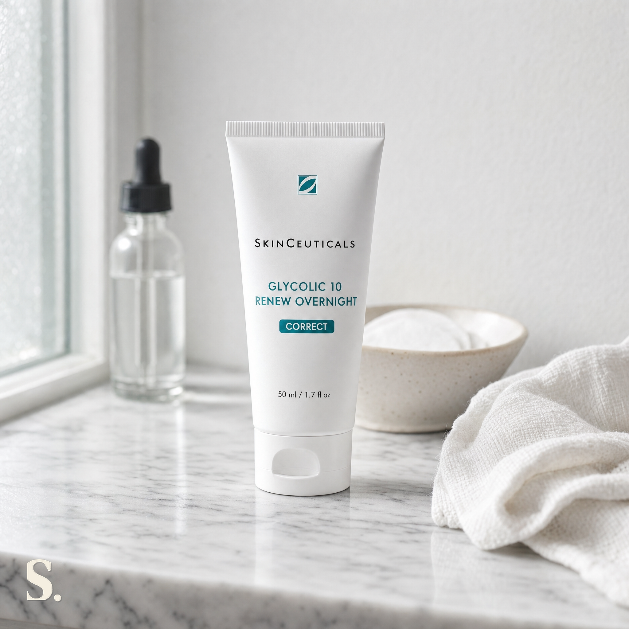SkinCeuticals Glycolic 10 Renew Overnight in a lifestyle bathroom setting — Skintique review