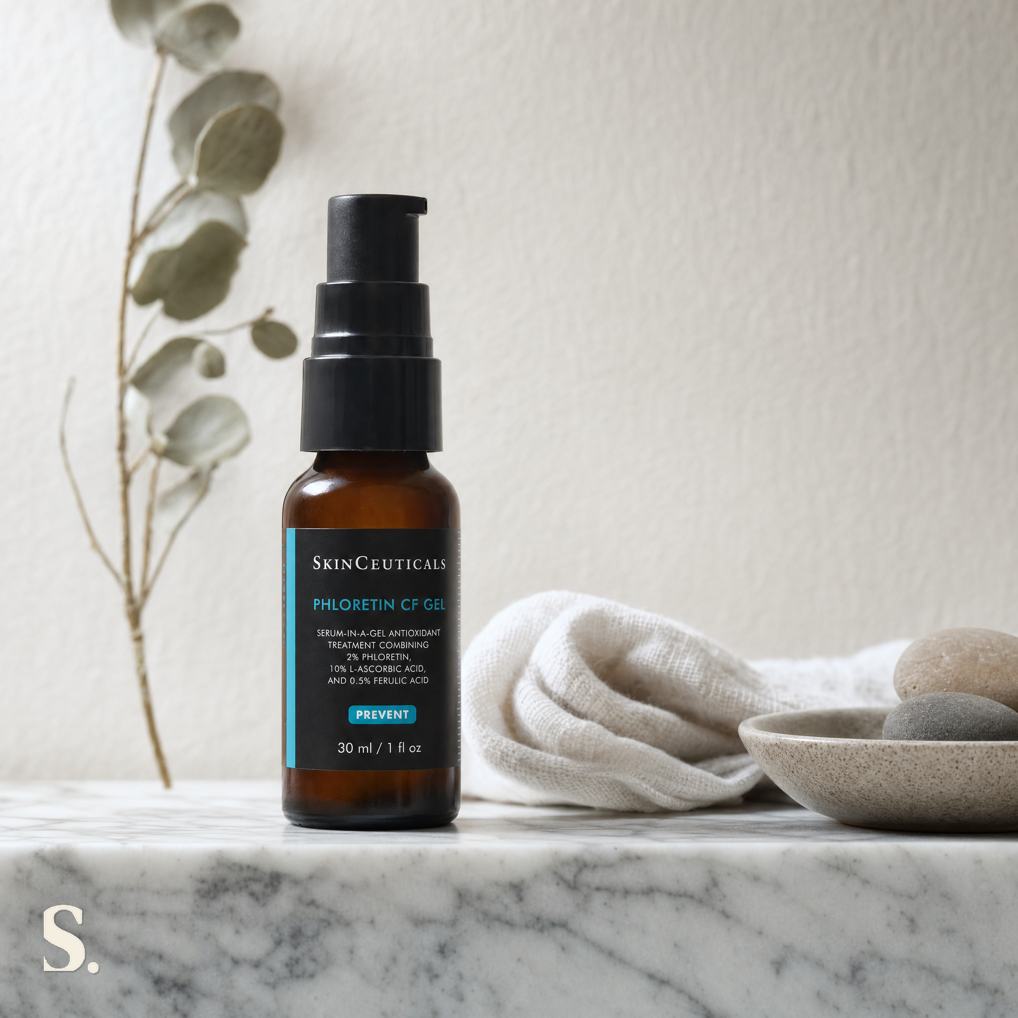 SkinCeuticals Phloretin CF Gel in a lifestyle bathroom setting — Skintique review