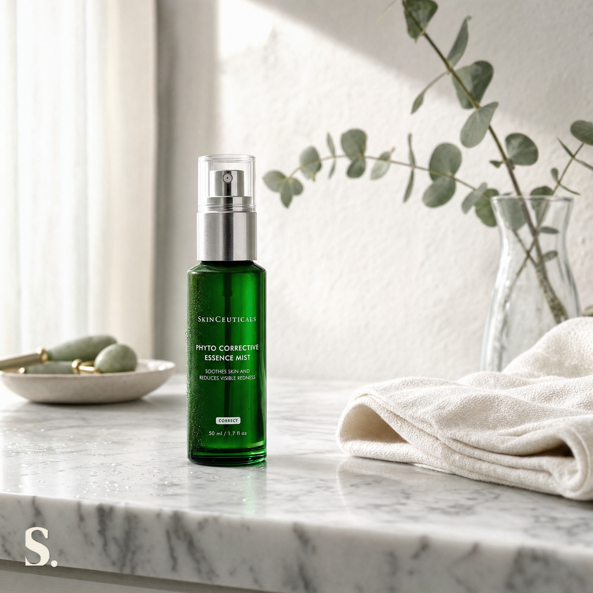 SkinCeuticals Phyto Corrective Essence Mist in a lifestyle bathroom setting — Skintique review