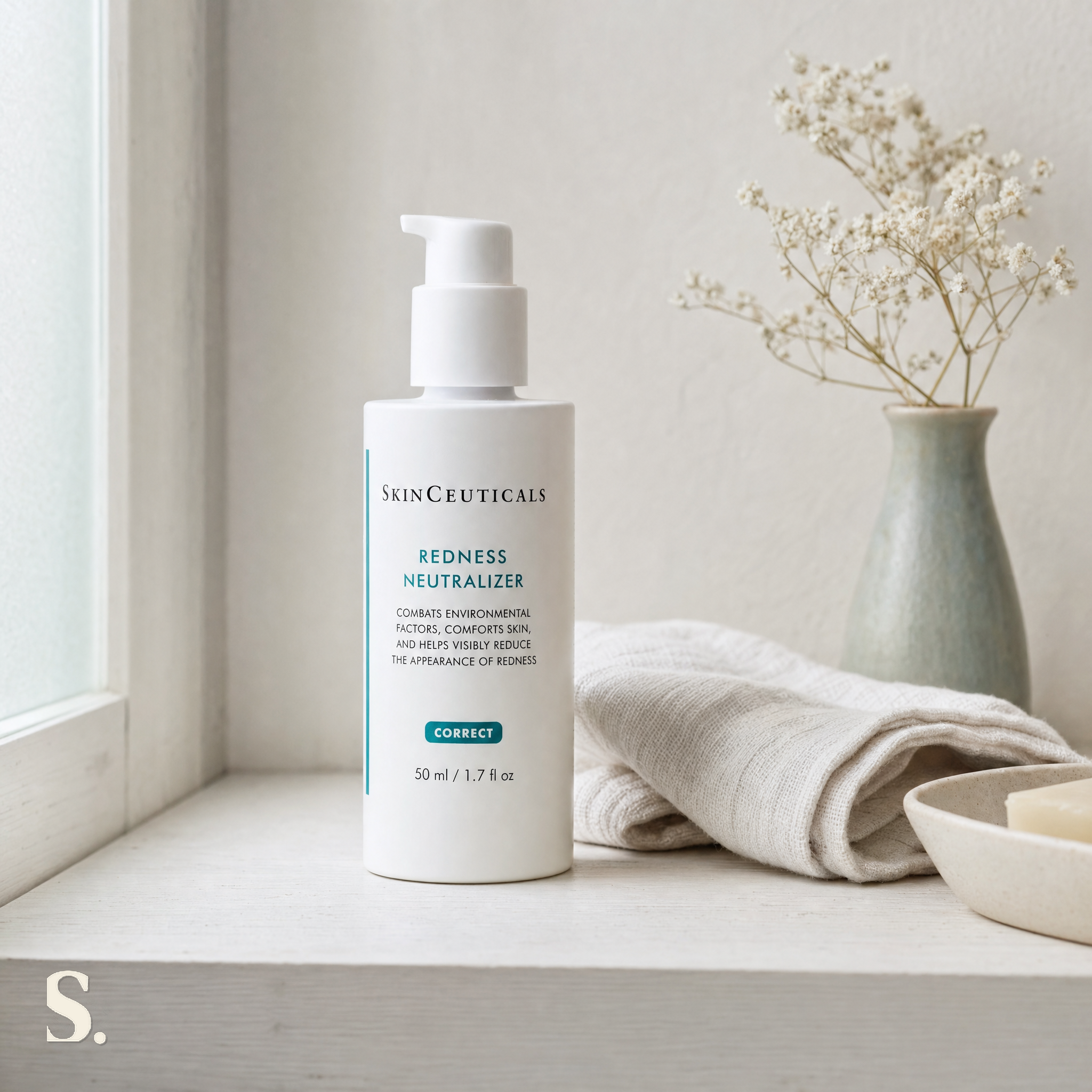 SkinCeuticals Redness Neutraliser in a lifestyle bathroom setting — Skintique review