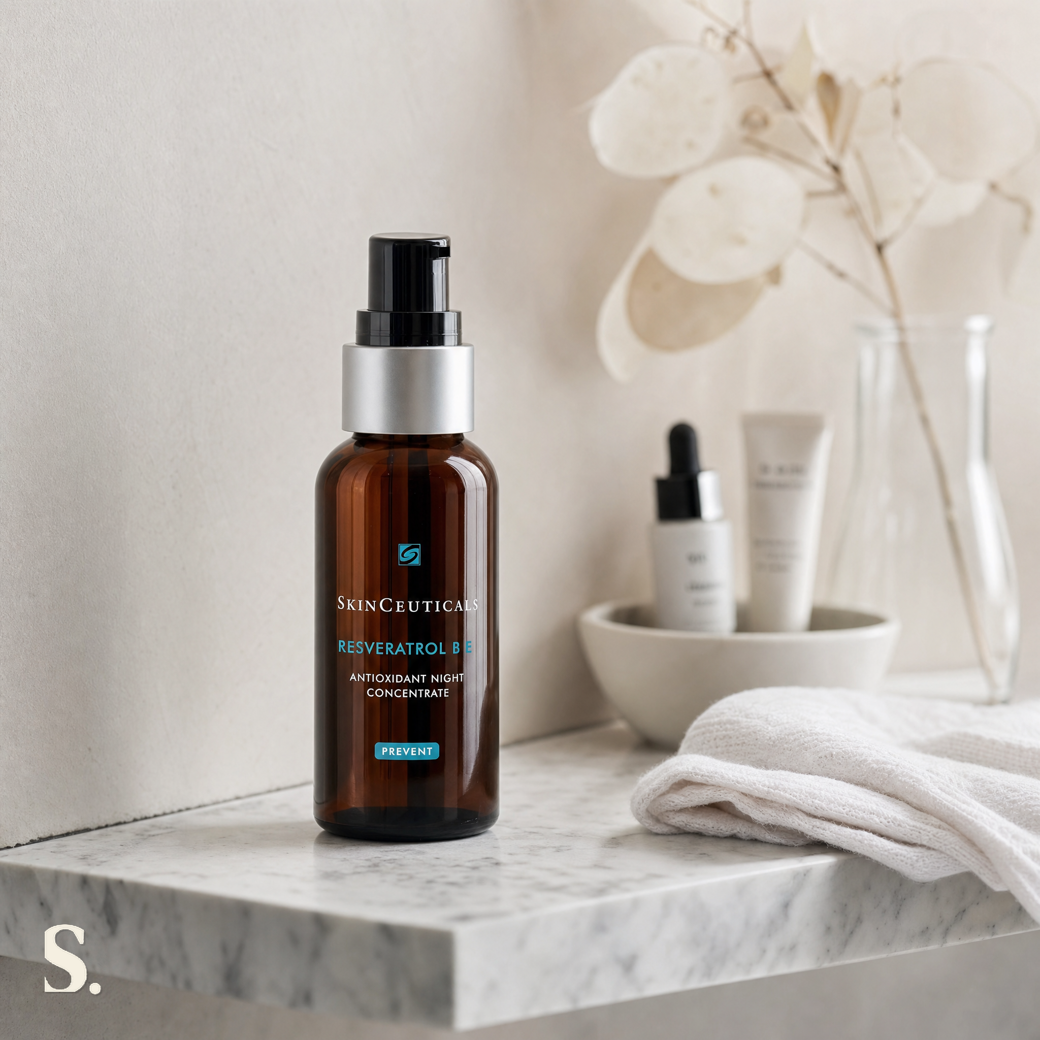 SkinCeuticals Resveratrol B E in a lifestyle bathroom setting — Skintique review
