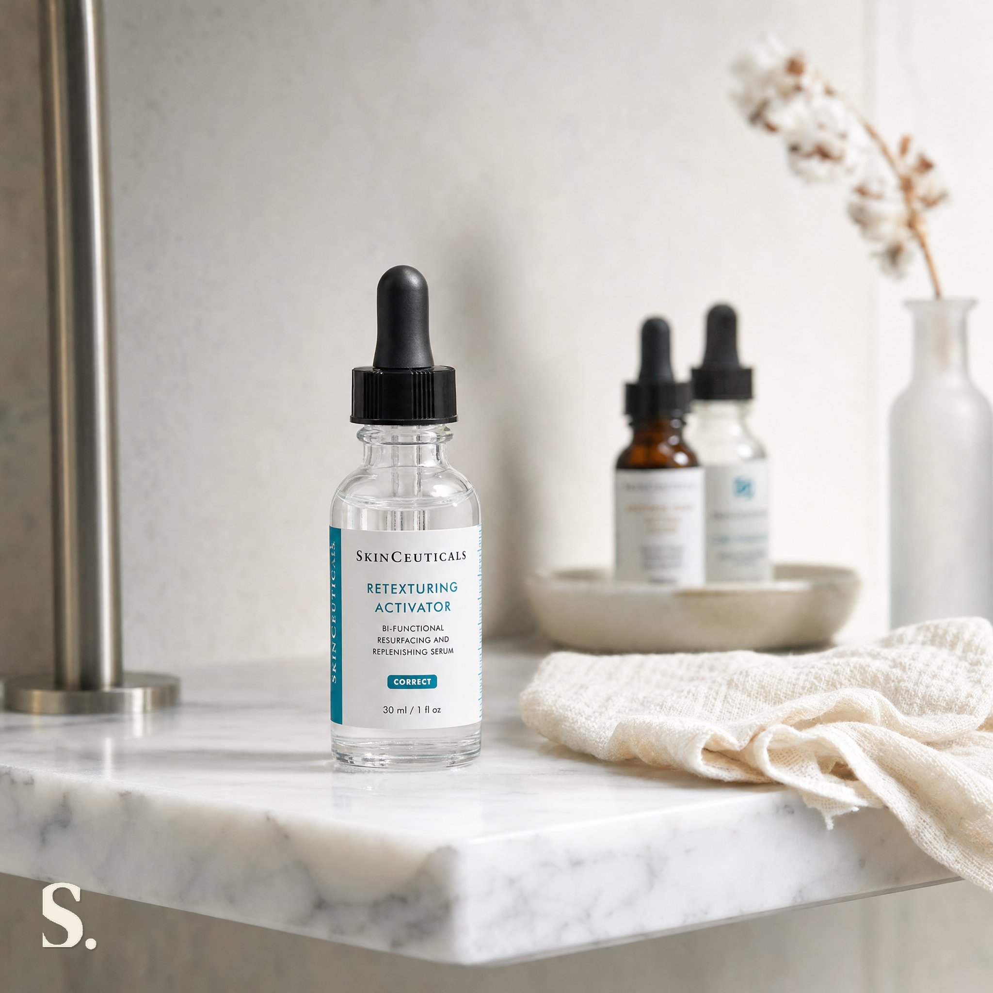 SkinCeuticals Retexturing Activator in a lifestyle bathroom setting — Skintique review