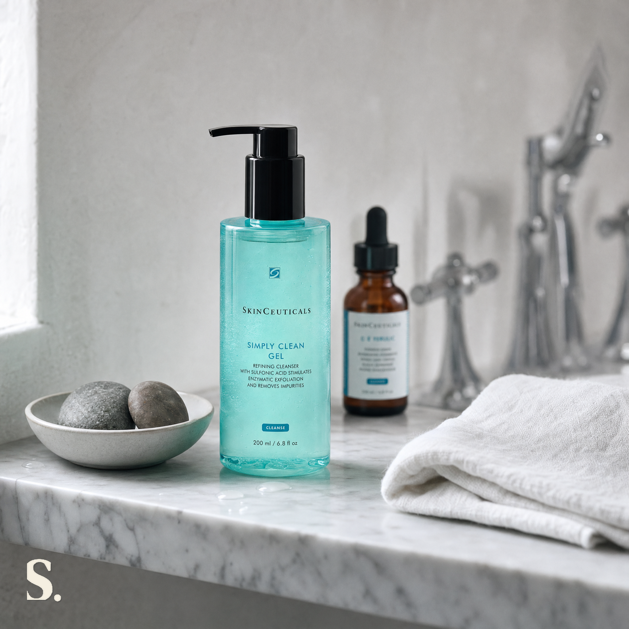 SkinCeuticals Simply Clean in a lifestyle bathroom setting — Skintique review