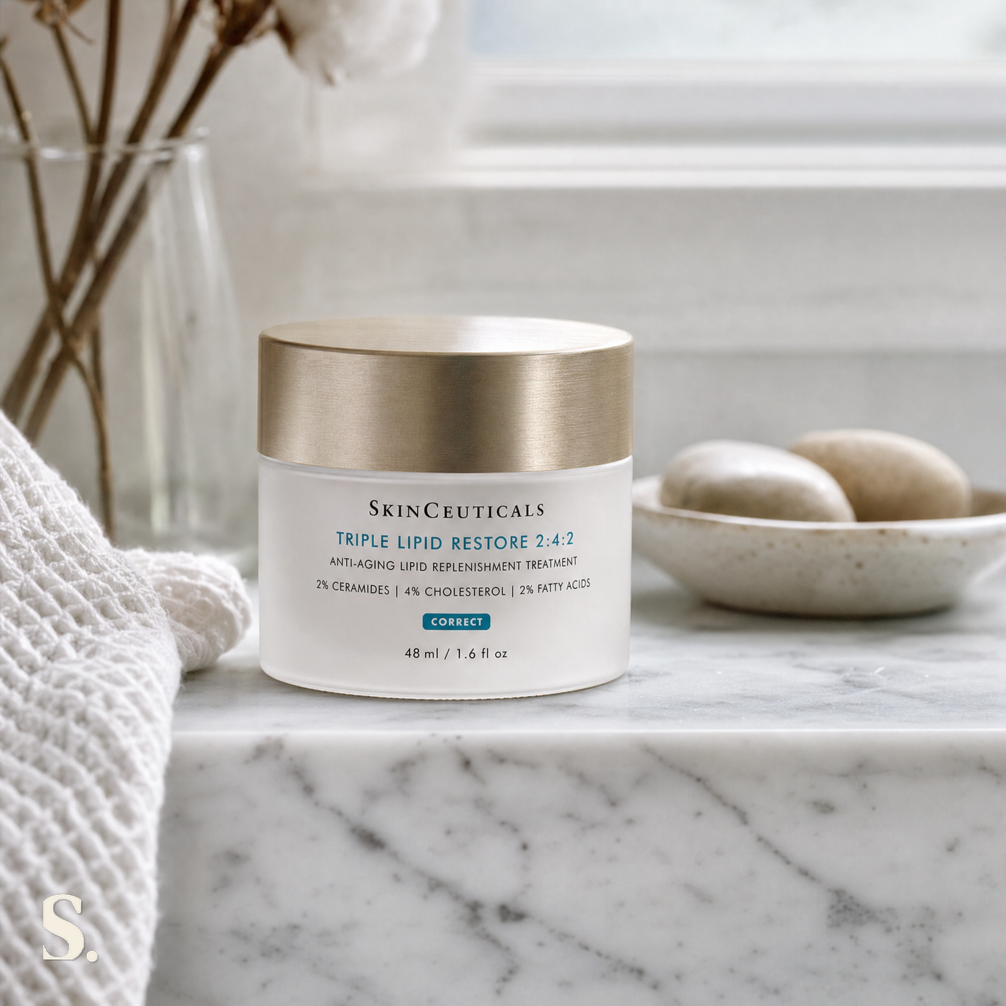 SkinCeuticals Triple Lipid Restore 2 in a lifestyle bathroom setting — Skintique review