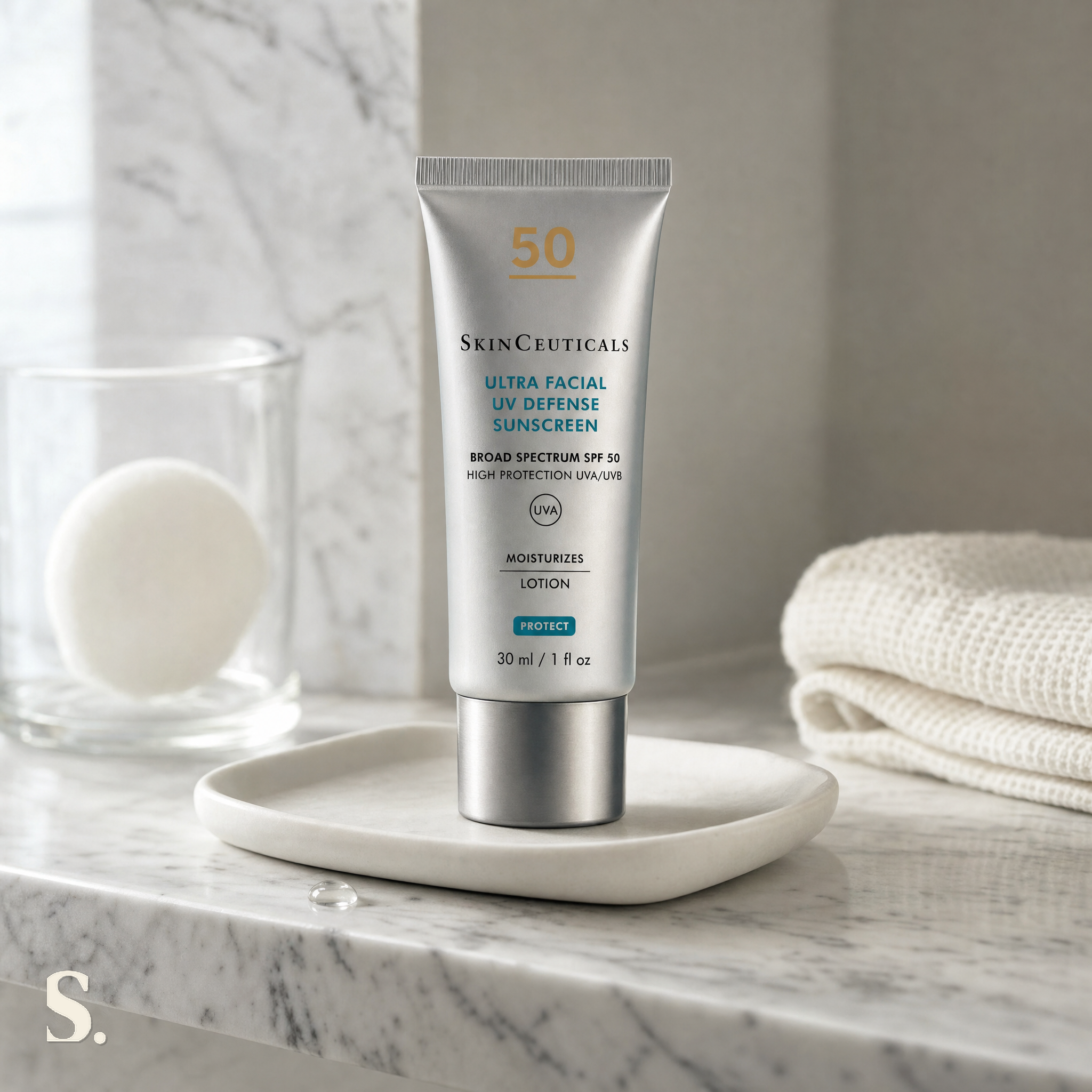 SkinCeuticals Ultra UV Defense SPF 50+ in a lifestyle bathroom setting — Skintique review